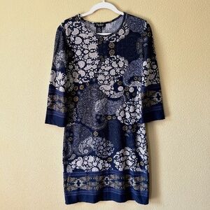NWT Papillon Women's Blue Border Print Dress‎ 3/4 Sleeve Scoop Neck Midi Medium